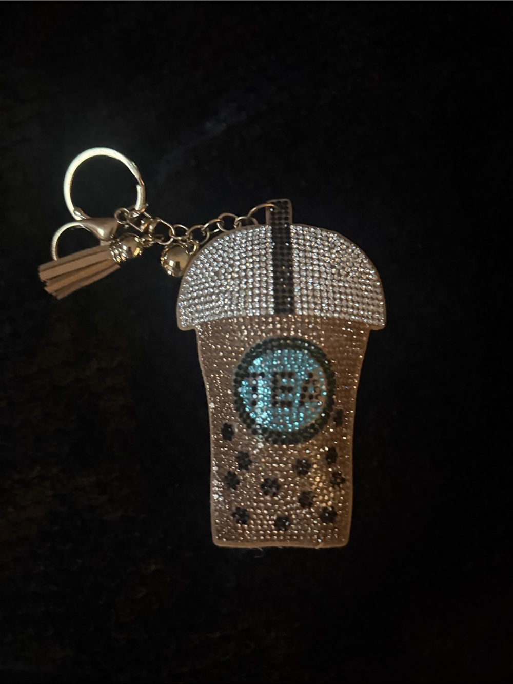 Crystal Embellished Beige Bubble Tea Keychain with Tassel